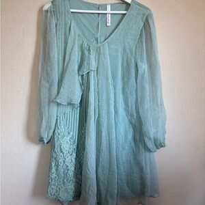 Pretty Angel Light Green Pistachio Tunic Sheer Long Sleeve Dress Lace Fairy